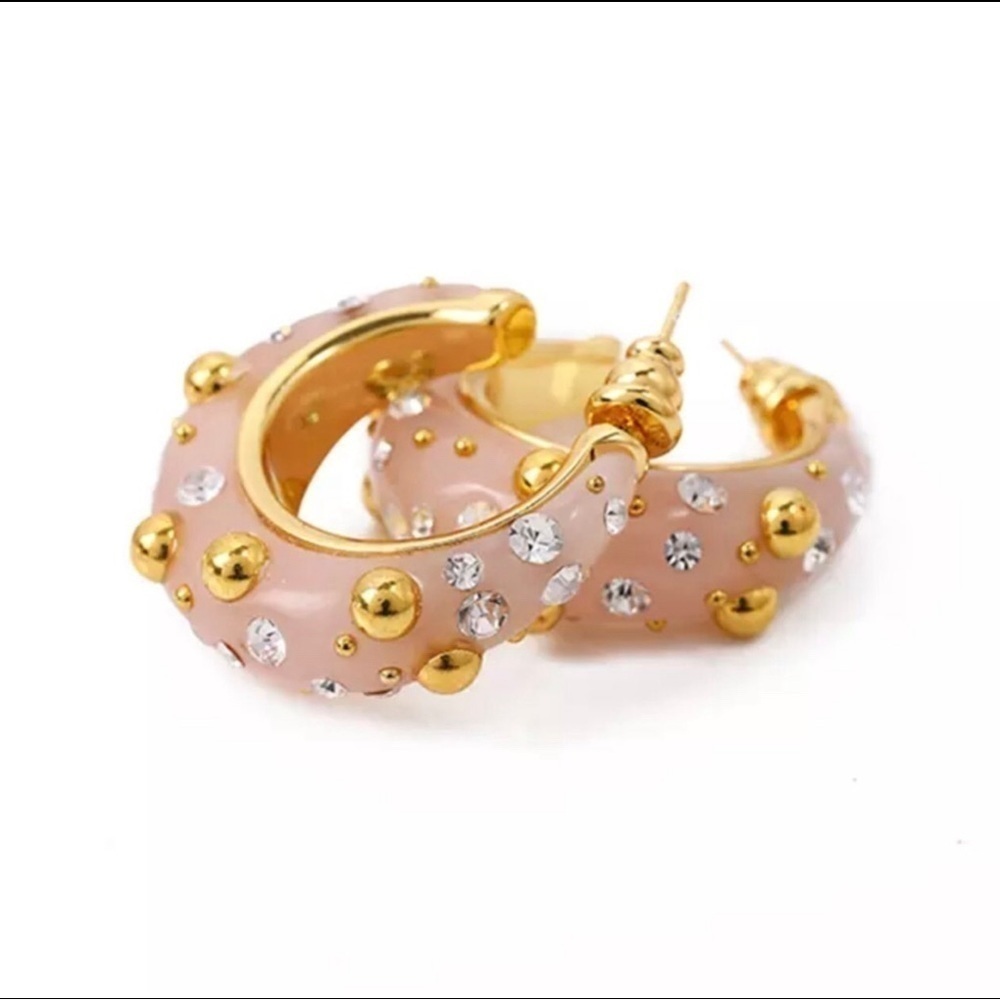 Celine Phoebe Philo Peach-Pink Enamel Hoop Earrings with Gold Studs & Crystals